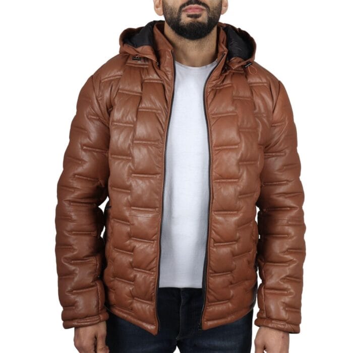 Men's Puffer Quilted Real Leather Jacket Hooded Casual - Knighthood Store