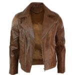 Mens Slim Fit Tan Brown Maroon Classic Cross Zip Brando Leather Biker Jacket - Knighthood Store