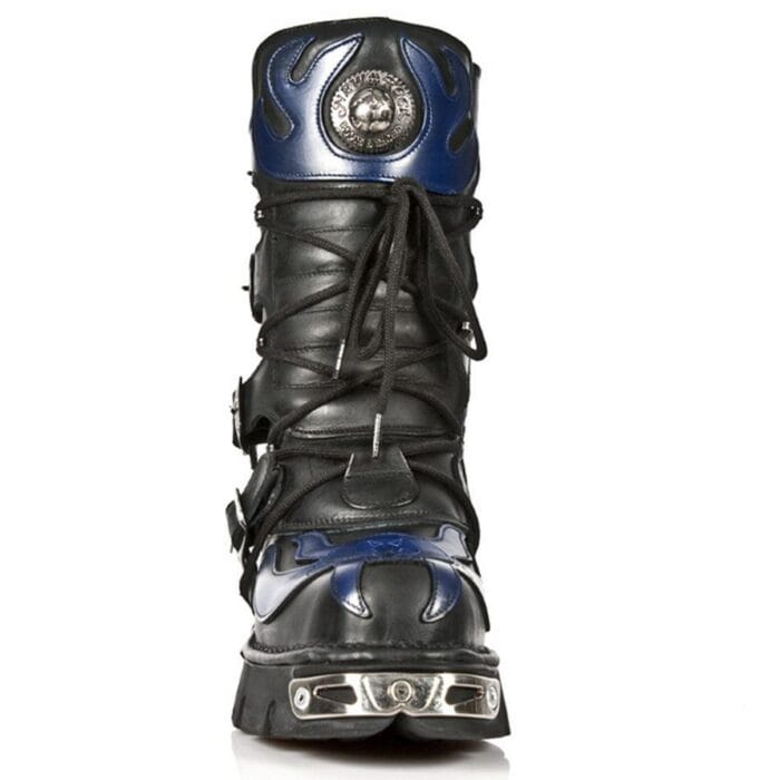 Botas unisex NEW ROCK 107-C5 de piel negra y azul con diseño de calavera y diablo, estilo gótico, punk y motero - Knighthood Store