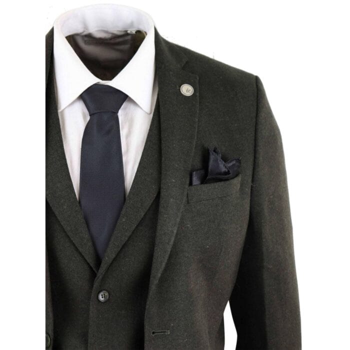 Abito da uomo in lana 3 pezzi, tweed, verde oliva e nero, vestibilità classica su misura - Knighthood Store