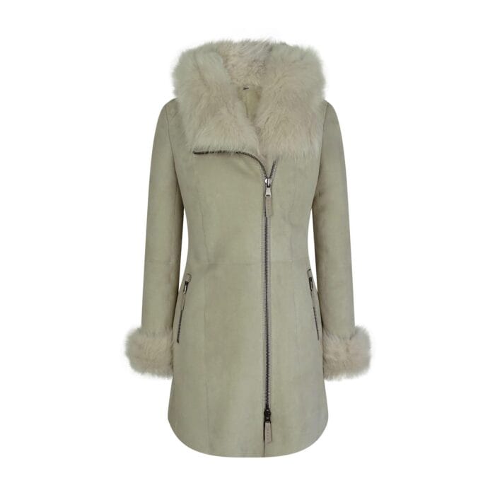 Womens 3/4 Long Cream Toscana Real Sheepskin Suede Hood Jacket Designer - Knighthood Store