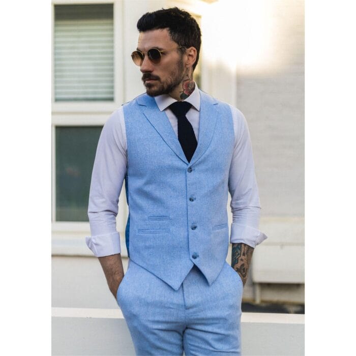 Completo estivo da uomo con gilet, pantaloni, lino, elegante, formale, blu reale, da sposa - Knighthood Store