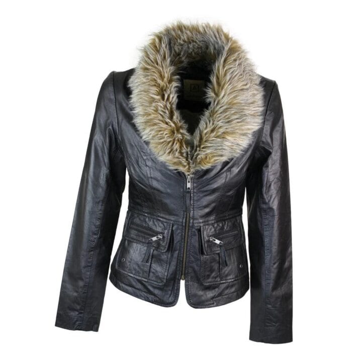 Giacca da donna in vera pelle nera corta, nuova, vintage, con collo in pelliccia sintetica - Negozio Knighthood