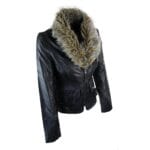 Giacca da donna in vera pelle nera corta, nuova, vintage, con collo in pelliccia sintetica - Negozio Knighthood