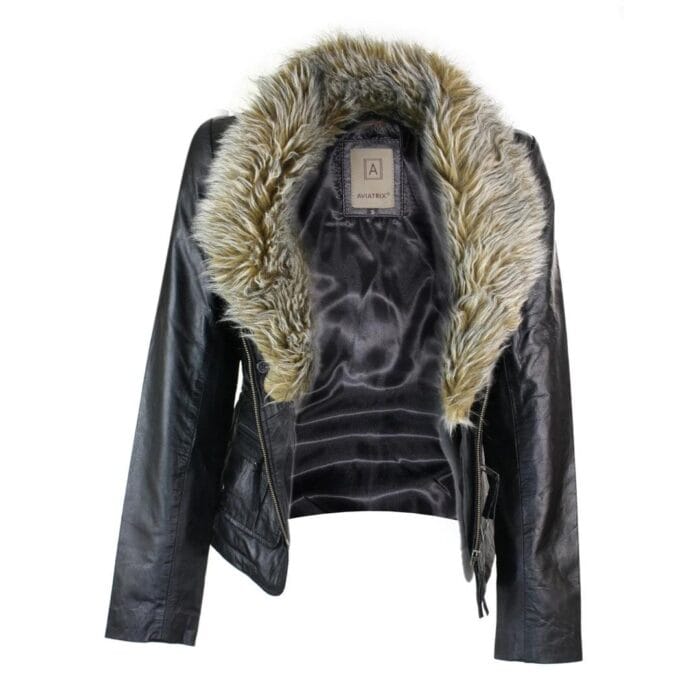Giacca da donna in vera pelle nera corta, nuova, vintage, con collo in pelliccia sintetica - Negozio Knighthood