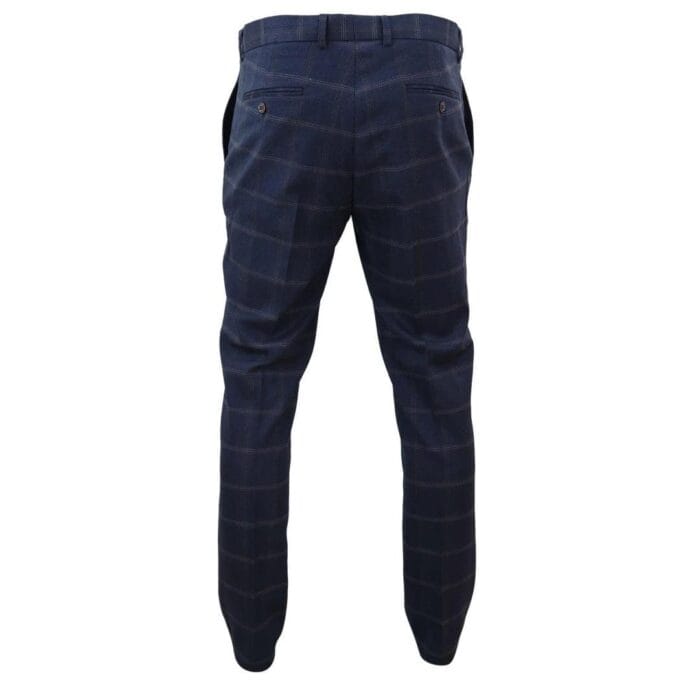 Mens Tweed Check Herringbone Blue Navy Tailored Fit Trousers Regular Length Blinders - Knighthood Store