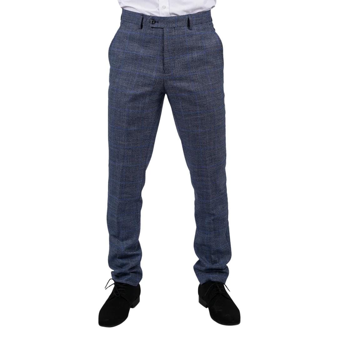 Mens Trousers Blue Prince Of Wales Check Tailored Fit Summer Classic Vintage - Knighthood Store