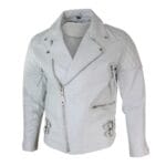 Mens Cross Zip Cow Hide Padded Biker Jacket White Black Brando Vintage - Knighthood Store