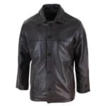 Mens Casual Real Leather Jacket Button Box Black Brown Mid Length Classic Coat - Knighthood Store