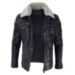 Mens Black brown Real Leather Jacket Sheepskin Collar Short Zip Button - Knighthood Store