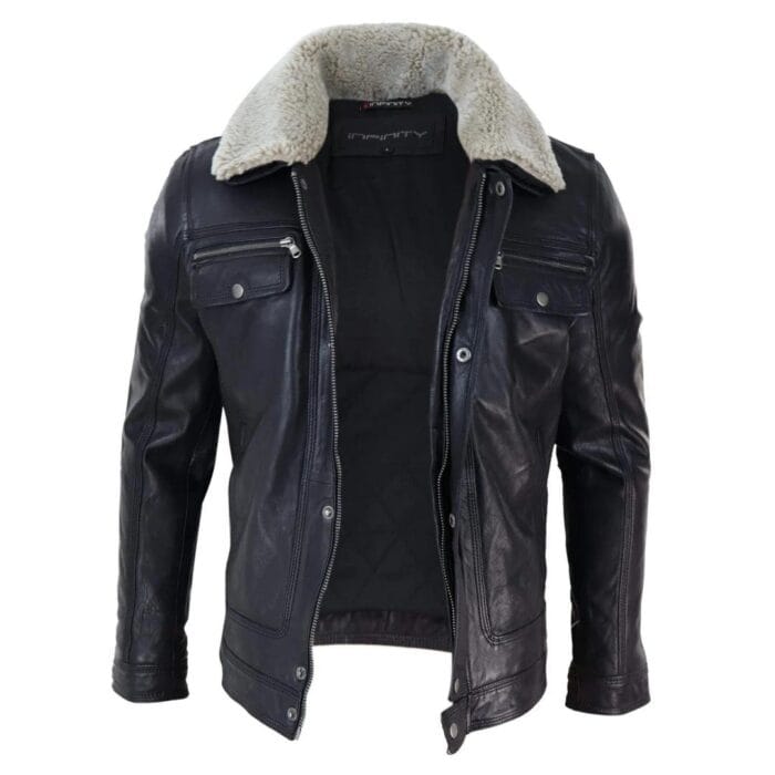 Mens Black brown Real Leather Jacket Sheepskin Collar Short Zip Button - Knighthood Store