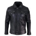 Mens Black brown Real Leather Jacket Sheepskin Collar Short Zip Button - Knighthood Store