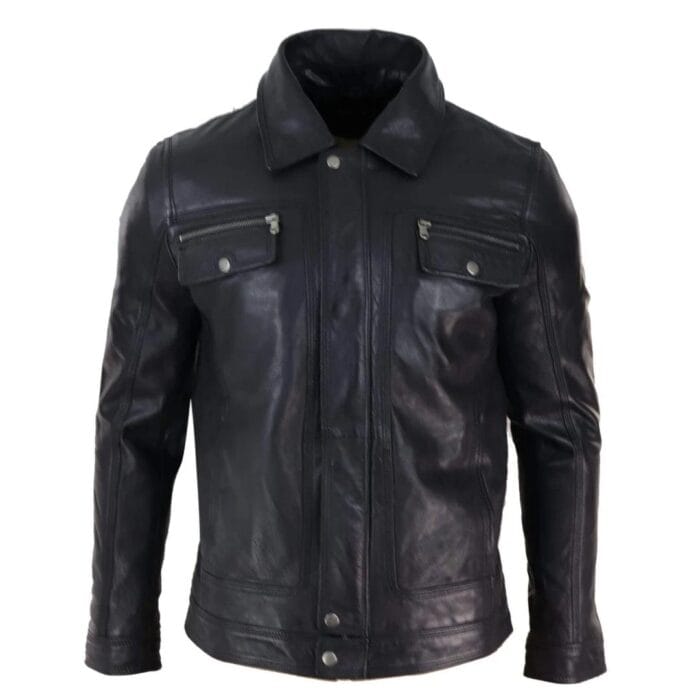 Mens Black brown Real Leather Jacket Sheepskin Collar Short Zip Button - Knighthood Store