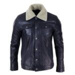 Mens Real Leather Jeans Jacket Fur Collar Retro Vintage Classic Navy Blue Casual - Knighthood Store