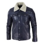 Mens Real Leather Jeans Jacket Fur Collar Retro Vintage Classic Navy Blue Casual - Knighthood Store