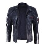 Mens Black Navy Brown Real Leather Racing Jacket Stripe Sleeves Moto Biker - Knighthood Store
