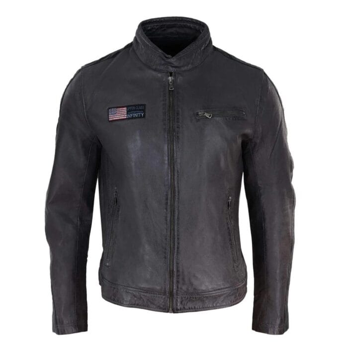Herren Echtleder Biker Rennjacke Streifen Reißverschluss Retro Casual Grau Gelb Kurz - Knighthood Store