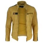 Herren Echtleder Biker Rennjacke Streifen Reißverschluss Retro Casual Grau Gelb Kurz - Knighthood Store