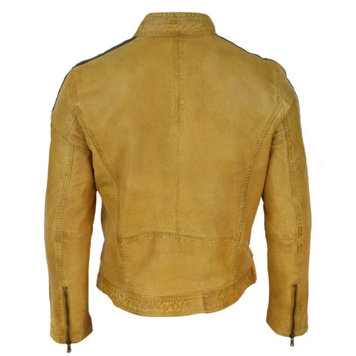 Herren Echtleder Biker Rennjacke Streifen Reißverschluss Retro Casual Grau Gelb Kurz - Knighthood Store