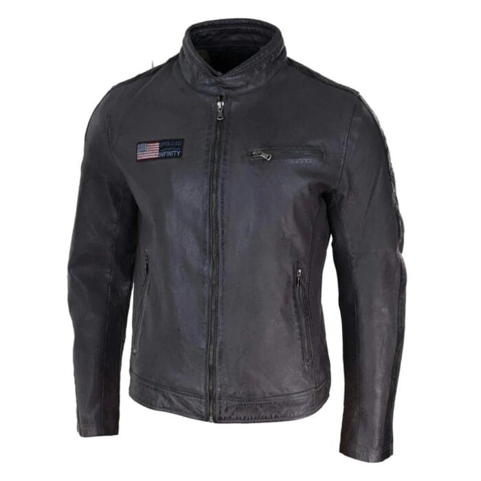 Herren Echtleder Biker Rennjacke Streifen Reißverschluss Retro Casual Grau Gelb Kurz - Knighthood Store