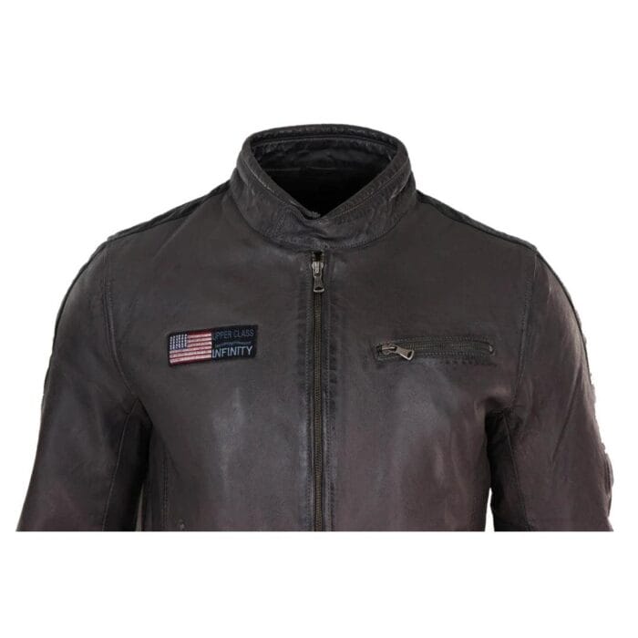 Herren Echtleder Biker Rennjacke Streifen Reißverschluss Retro Casual Grau Gelb Kurz - Knighthood Store