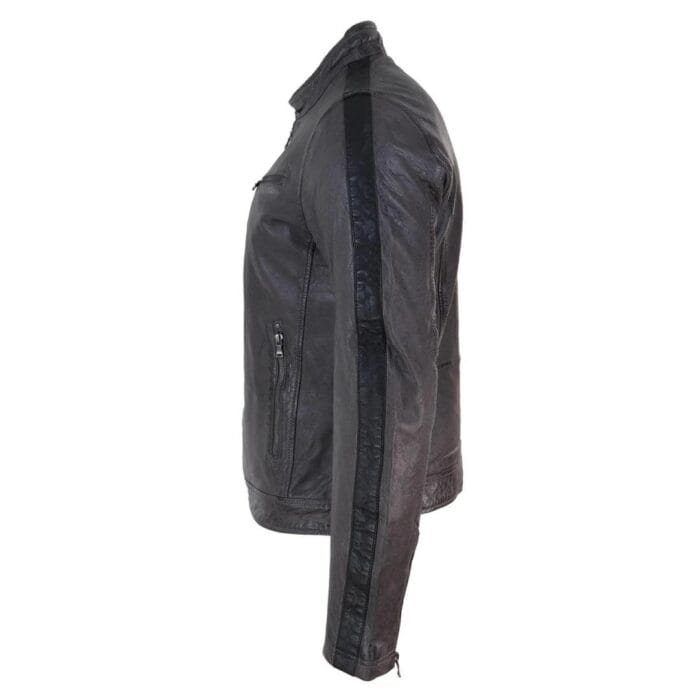 Herren Echtleder Biker Rennjacke Streifen Reißverschluss Retro Casual Grau Gelb Kurz - Knighthood Store