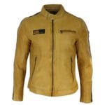 Herren Echtleder Biker Rennjacke Streifen Reißverschluss Retro Casual Grau Gelb Kurz - Knighthood Store
