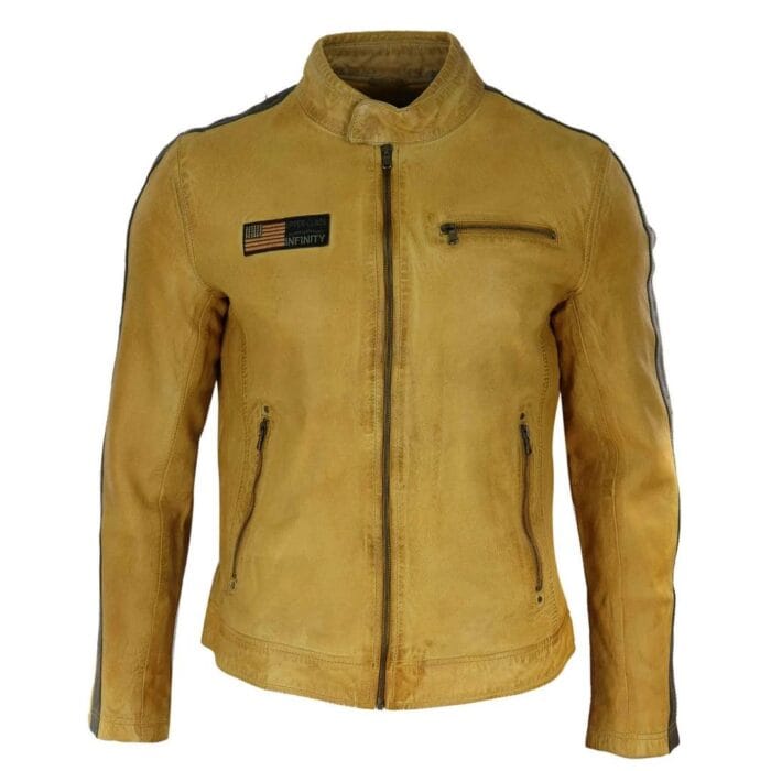 Herren Echtleder Biker Rennjacke Streifen Reißverschluss Retro Casual Grau Gelb Kurz - Knighthood Store