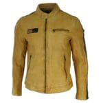 Herren Echtleder Biker Rennjacke Streifen Reißverschluss Retro Casual Grau Gelb Kurz - Knighthood Store