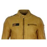 Herren Echtleder Biker Rennjacke Streifen Reißverschluss Retro Casual Grau Gelb Kurz - Knighthood Store