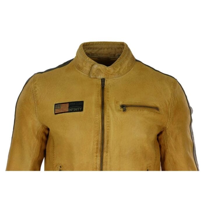 Herren Echtleder Biker Rennjacke Streifen Reißverschluss Retro Casual Grau Gelb Kurz - Knighthood Store