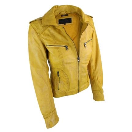 Damen Echtlederjacke im Bikerstil, Gelb, Größe UK 6-18 - Knighthood Store