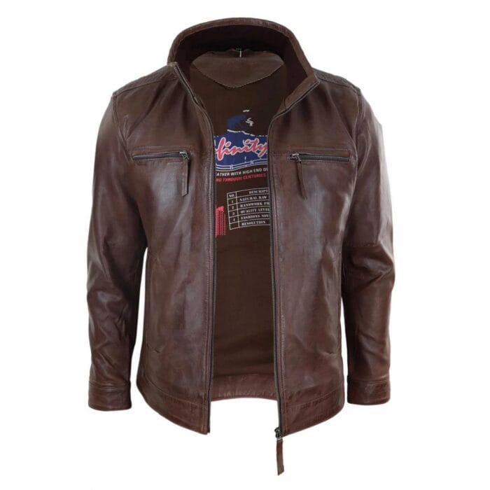 Mens Real Leather Jacket Zipped Biker Style High Collar Smart Casual - Knighthood Store