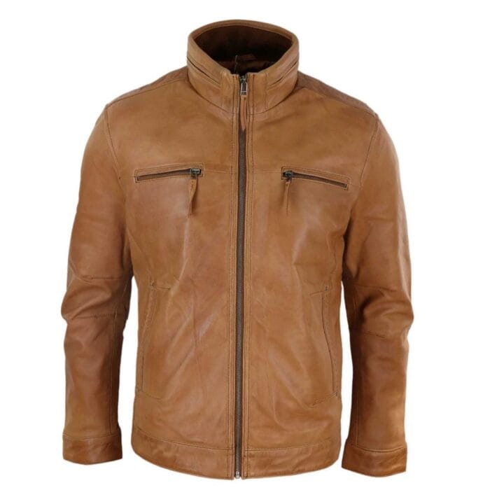 Mens Real Leather Jacket Zipped Biker Style High Collar Smart Casual - Knighthood Store