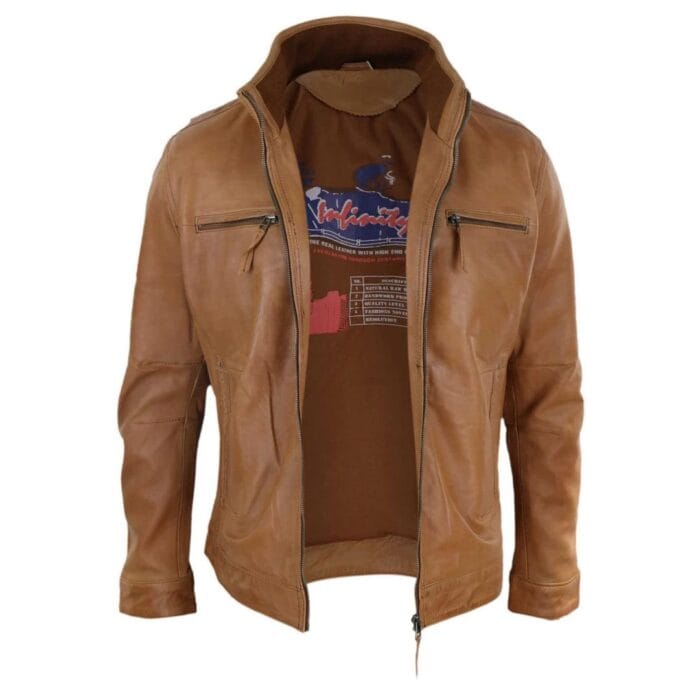 Mens Real Leather Jacket Zipped Biker Style High Collar Smart Casual - Knighthood Store