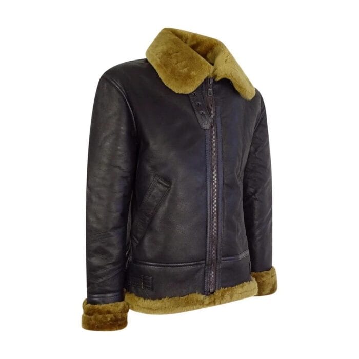 Mens Vintage Brown Real Sheepskin Zip Flying Jacket Pilot Flight Ginger Cream - Knighthood Store