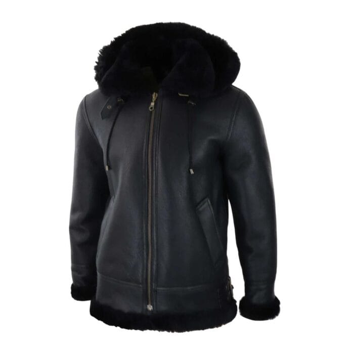Mens Real Leather Sherling Sheepskin Hood Jacket Vintage Aviator Flying Pilot - Knighthood Store
