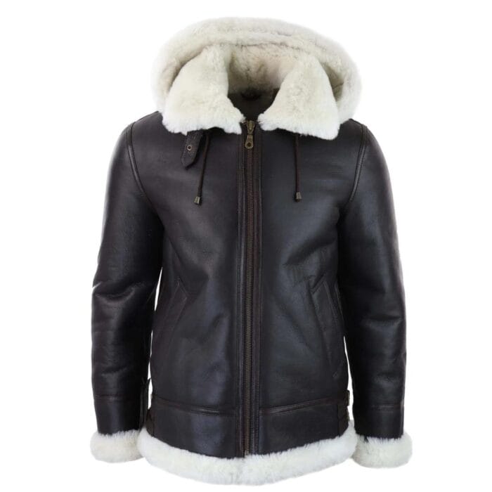 Mens Real Leather Sherling Sheepskin Hood Jacket Vintage Aviator Flying Pilot - Knighthood Store