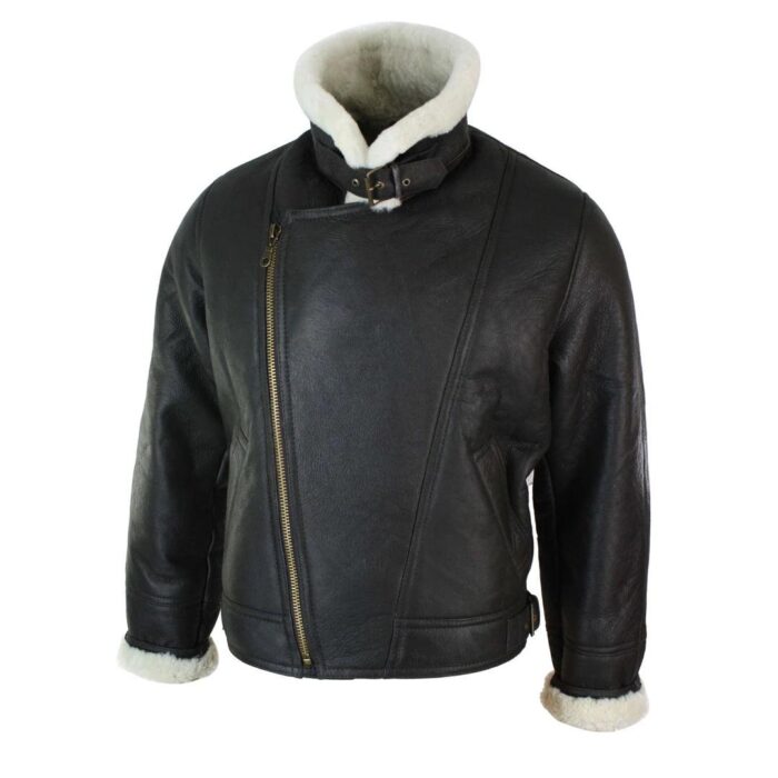 Mens Real Leather Sherling Cross Zip Sheepskin B3 Flying Pilot Jacket Warm Winter - Knighthood Store