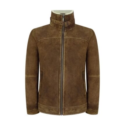 Mens Real Sherling Sheepskin Suede Jacket Brown Tan Vintage Zip Flying Pilot WW2 - Knighthood Store