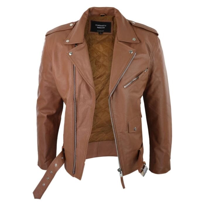 Chaqueta de motociclista Brando de cuero auténtico con cremallera cruzada para hombre - Knighthood Store