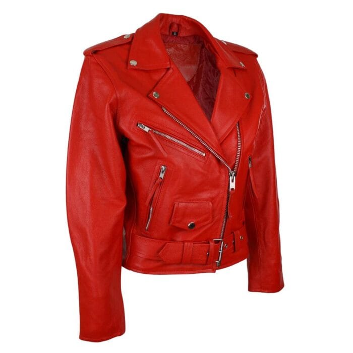 Giacca da motociclista in pelle da donna Brando, nera, rossa e bianca, classica, da motociclista - Knighthood Store