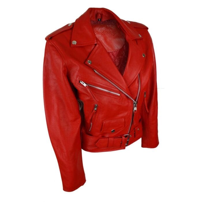 Giacca da motociclista in pelle da donna Brando, nera, rossa e bianca, classica, da motociclista - Knighthood Store