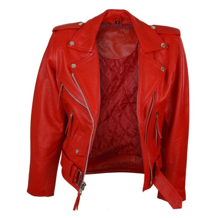 Giacca da motociclista in pelle da donna Brando, nera, rossa e bianca, classica, da motociclista - Knighthood Store