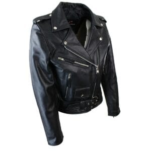 Chaqueta de cuero Brando para mujer, clásica, de motociclista, negra, roja y blanca - Knighthood Store