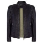 Mens Slim Fit Vintage Navy Washed Real Leather Jacket Nehru Grandad Collar Biker - Knighthood Store