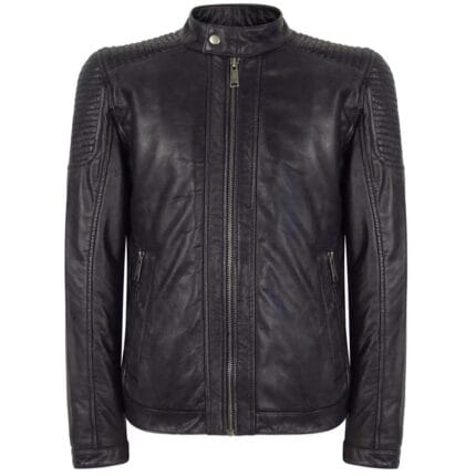 Chaqueta de cuero auténtico lavado azul marino vintage de corte entallado para hombre, estilo motero con cuello Nehru y abuelo - Knighthood Store