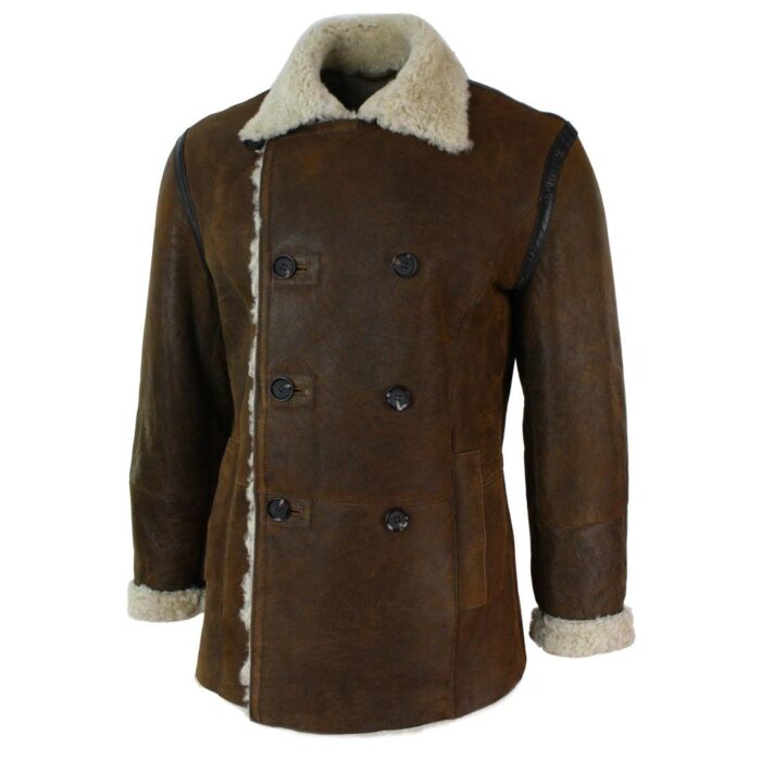 Mens Real Shearling German Navy Sheepskin Double Breasted Jacket Vintage Brown - Knighthood Store