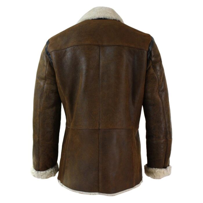 Mens Real Shearling German Navy Sheepskin Double Breasted Jacket Vintage Brown - Knighthood Store