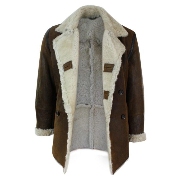 Mens Real Shearling German Navy Sheepskin Double Breasted Jacket Vintage Brown - Knighthood Store